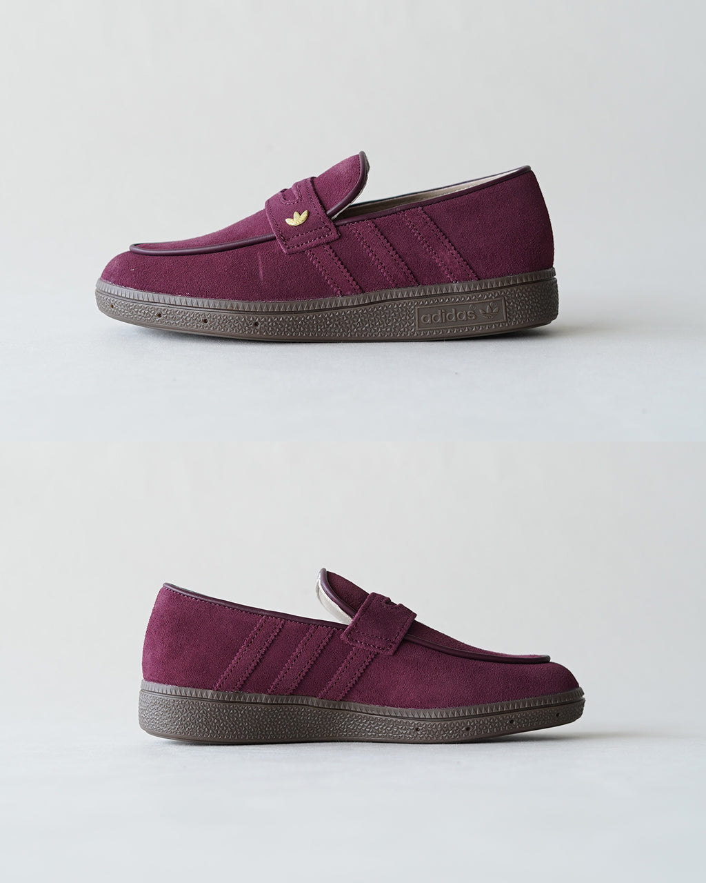 アディダス オリジナルス HANDBALL SPEZIAL LOAFER の上部は深いボルドーのスエード、横から見えるストラップ付きローファー。ガム色のソールが落ち着いた印象を作るスニーカー