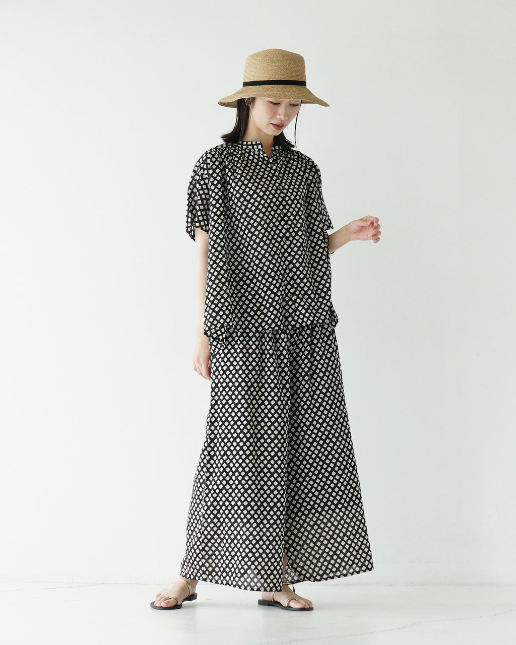 【SALE!20%OFF】Brocante ブロカント インドプリント 半袖シャツ フロンセシャツ チェック柄 ジオメトリック柄 36-323X【送料無料】