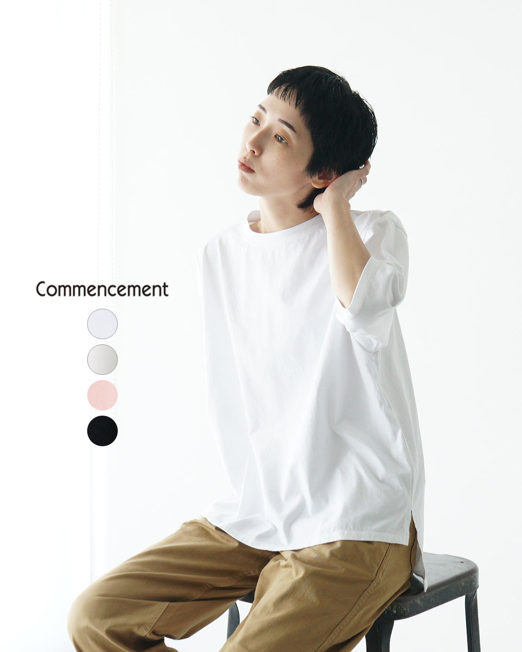 【SALE!30%OFF】Commencement コメンスメント ローネック 5分袖 Tシャツ Low neck 3/4 tee クルーネック 半袖 カットソー 日本製 C-186