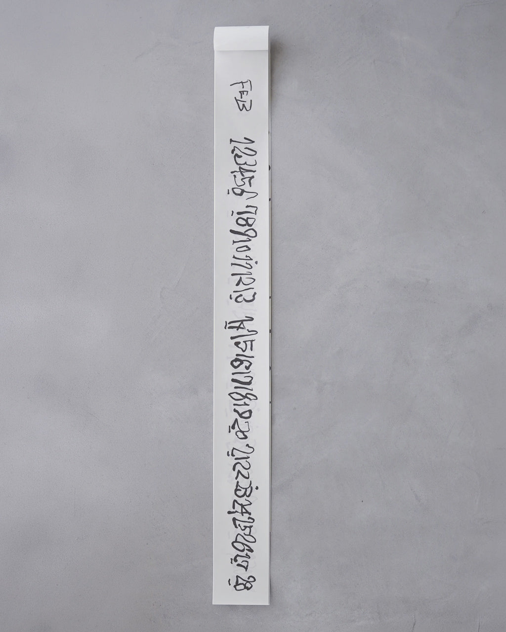 長さ約840mmの白い短冊に黒の筆文字で日付が連なっている縦長デザイン。壁掛け用の紐は不要部分が写っておらず、シンプルなラインが目を引くディテール画像です。