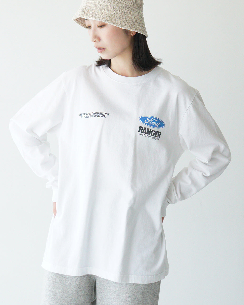 \早得24時間限定ポイント10倍/GOOD ROCK SPEED グッドロックスピード フォード FORD Tシャツ 長袖 カットソー ホワイト 白 ヴィンテージ風 ロゴプリント 綿100% ゆったり 25FOD001W