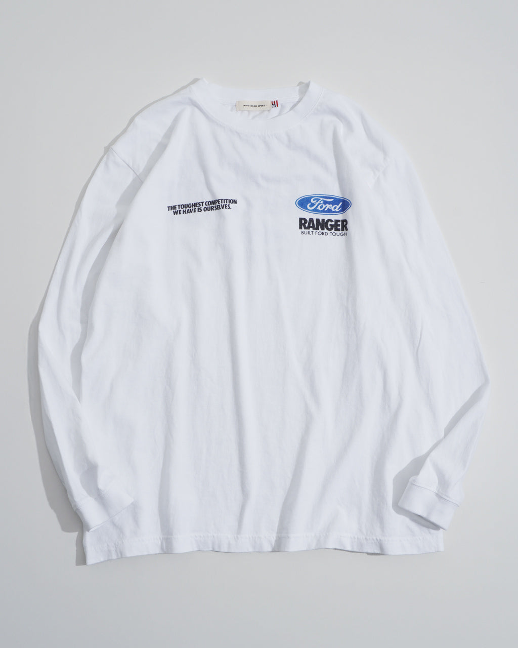 \早得24時間限定ポイント10倍/GOOD ROCK SPEED グッドロックスピード フォード FORD Tシャツ 長袖 カットソー ホワイト 白 ヴィンテージ風 ロゴプリント 綿100% ゆったり 25FOD001W