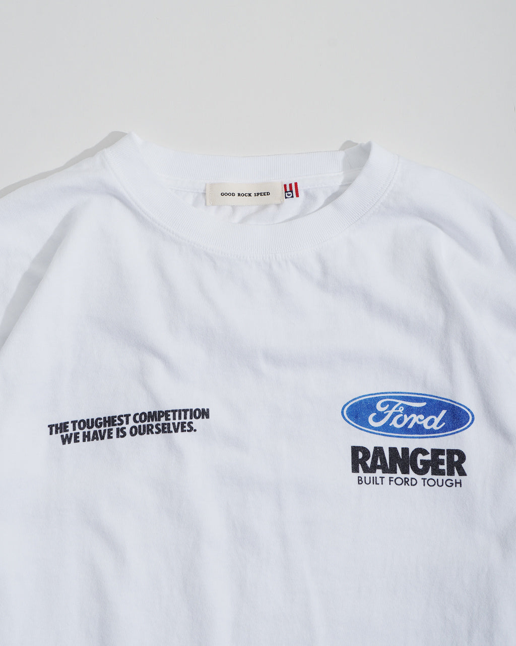\早得24時間限定ポイント10倍/GOOD ROCK SPEED グッドロックスピード フォード FORD Tシャツ 長袖 カットソー ホワイト 白 ヴィンテージ風 ロゴプリント 綿100% ゆったり 25FOD001W