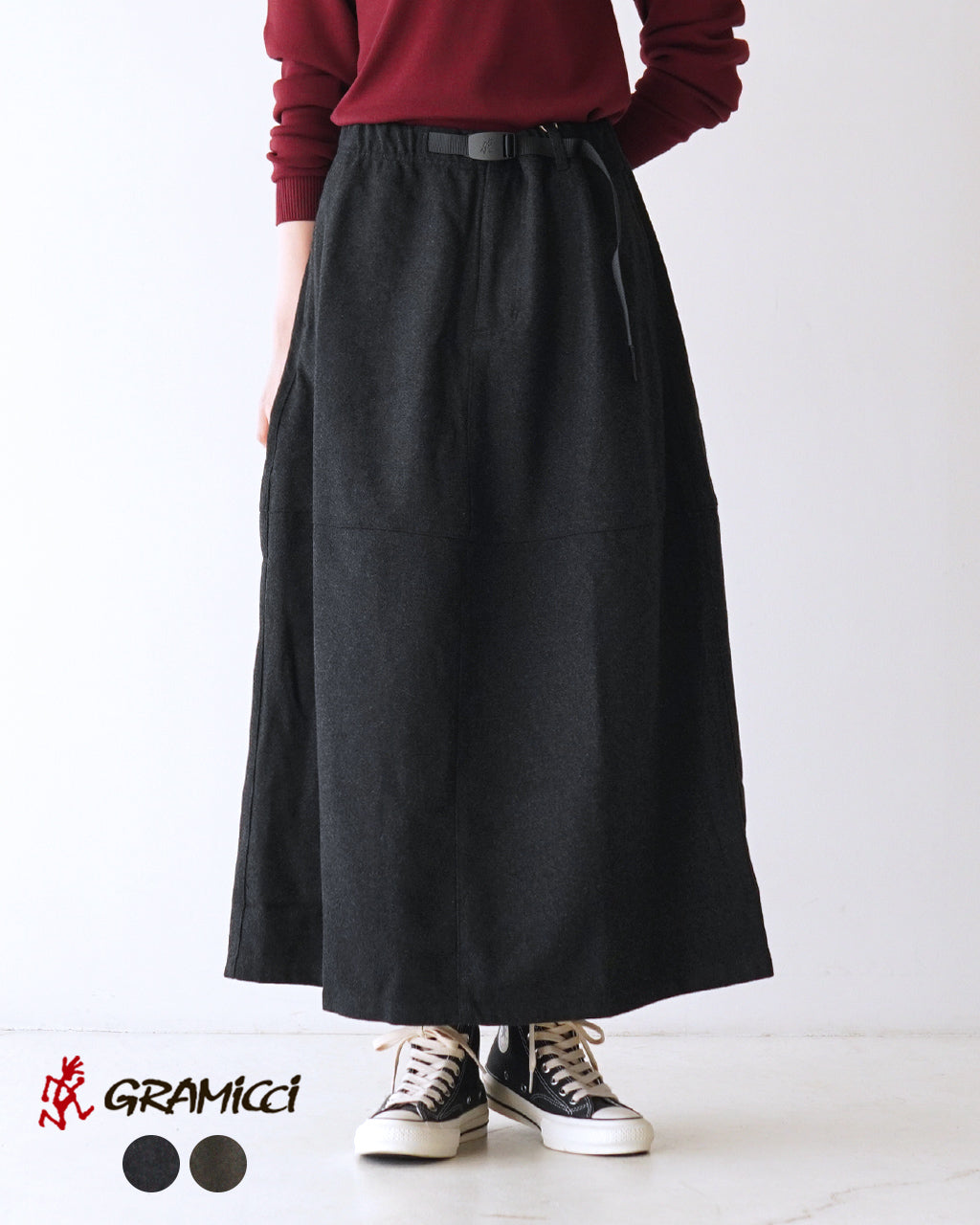 GRAMICCI グラミチ ウール ロングスカート WOOL PANELED SKIRT ウェビングベルト Aライン イージースカート G4