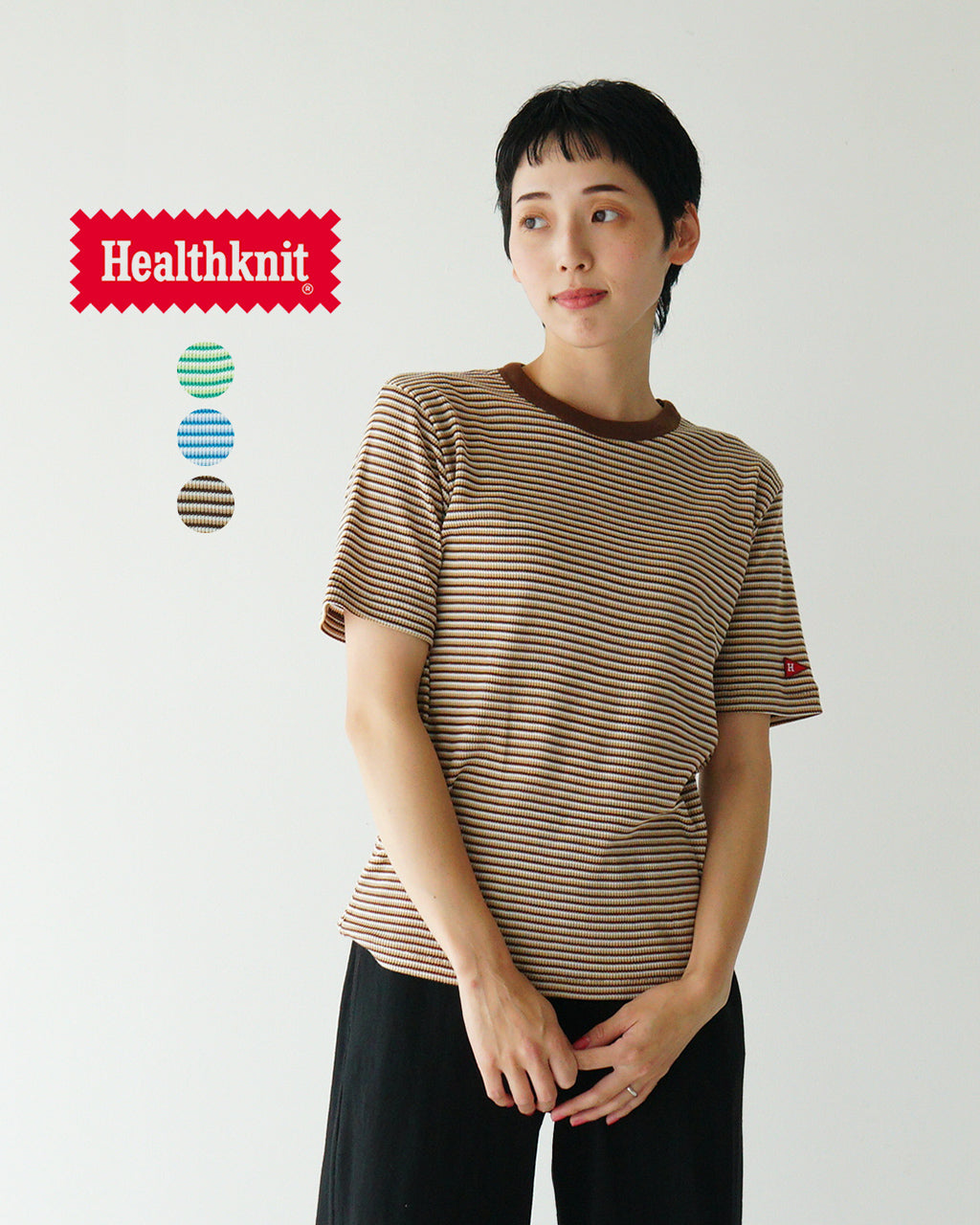 Healthknit ヘルスニット マルチボーダーワッフルクルーネックショートスリーブ Multi Border Waffle Crewneck S/S 半袖 Tシャツ カットソー 672S【クーポン対象外】