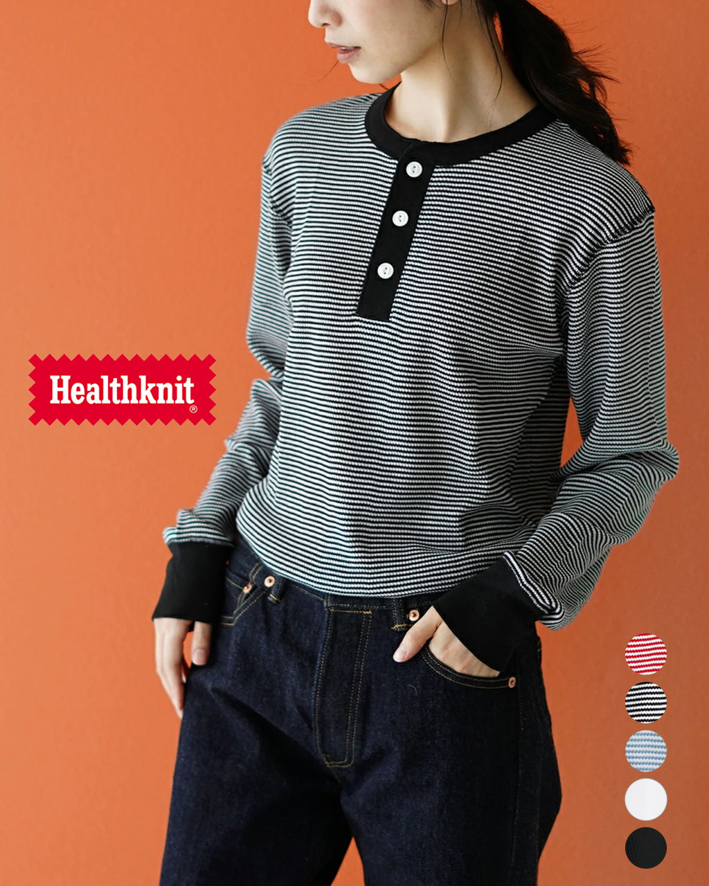 期間限定15%OFFクーポン／Healthknit ヘルスニット ベーシック ワッフル ヘンリーネック ロングスリーブ Basic Waf