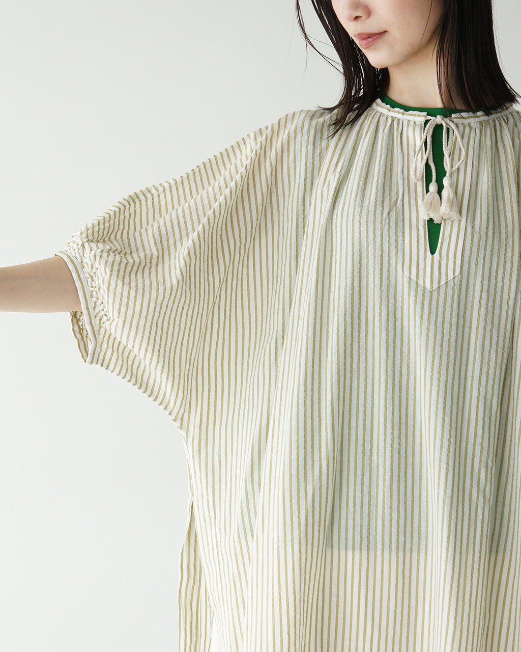 INDIA INDUSTRIES インディアインダストリー ストライプ ロング ワンピース VOILE STRIPE SHIRT DRESS ギャザー ノーカラー スキッパー 半袖 ND-G0101 VST【送料無料】