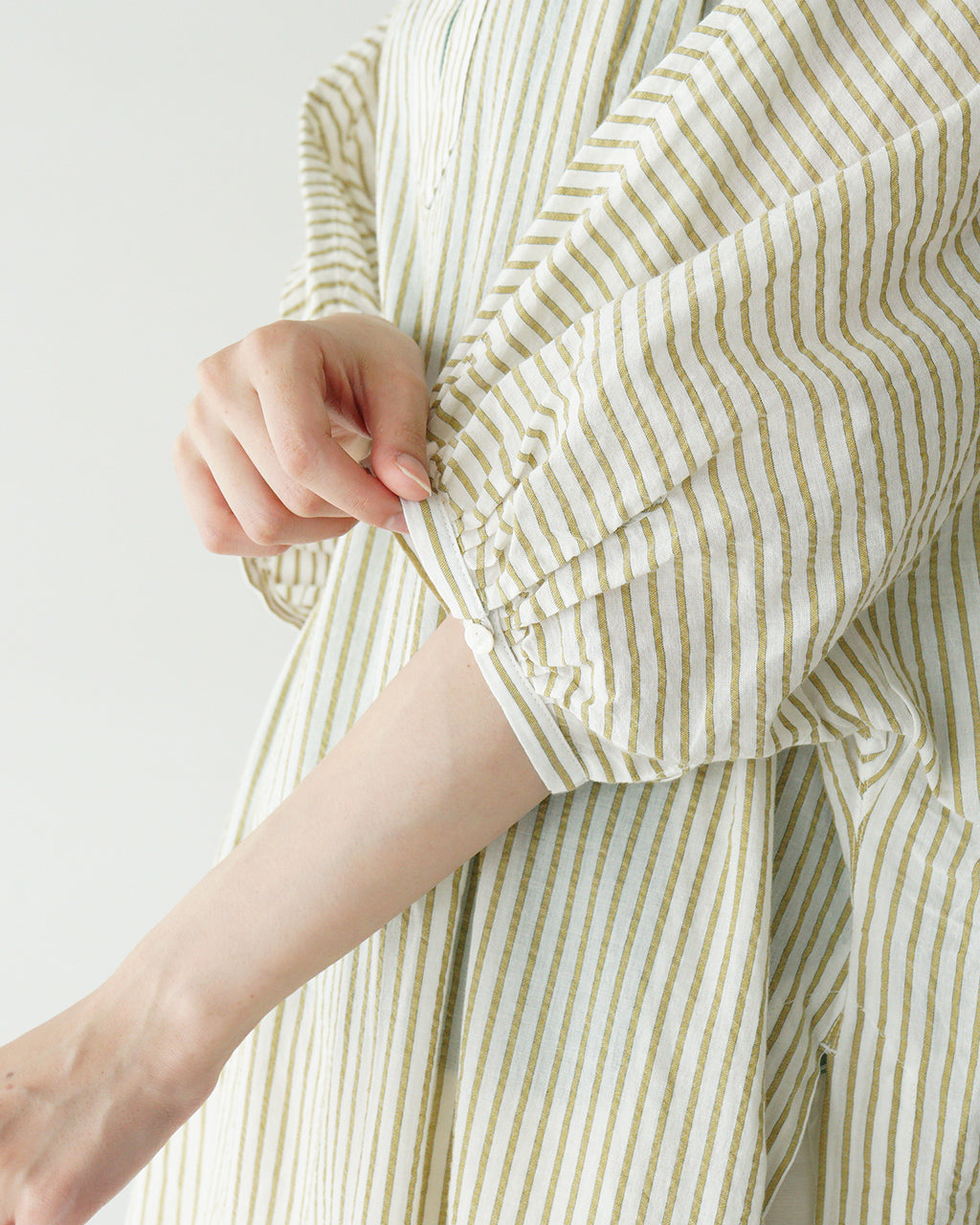 INDIA INDUSTRIES インディアインダストリー ストライプ ロング ワンピース VOILE STRIPE SHIRT DRESS ギャザー ノーカラー スキッパー 半袖 ND-G0101 VST【送料無料】