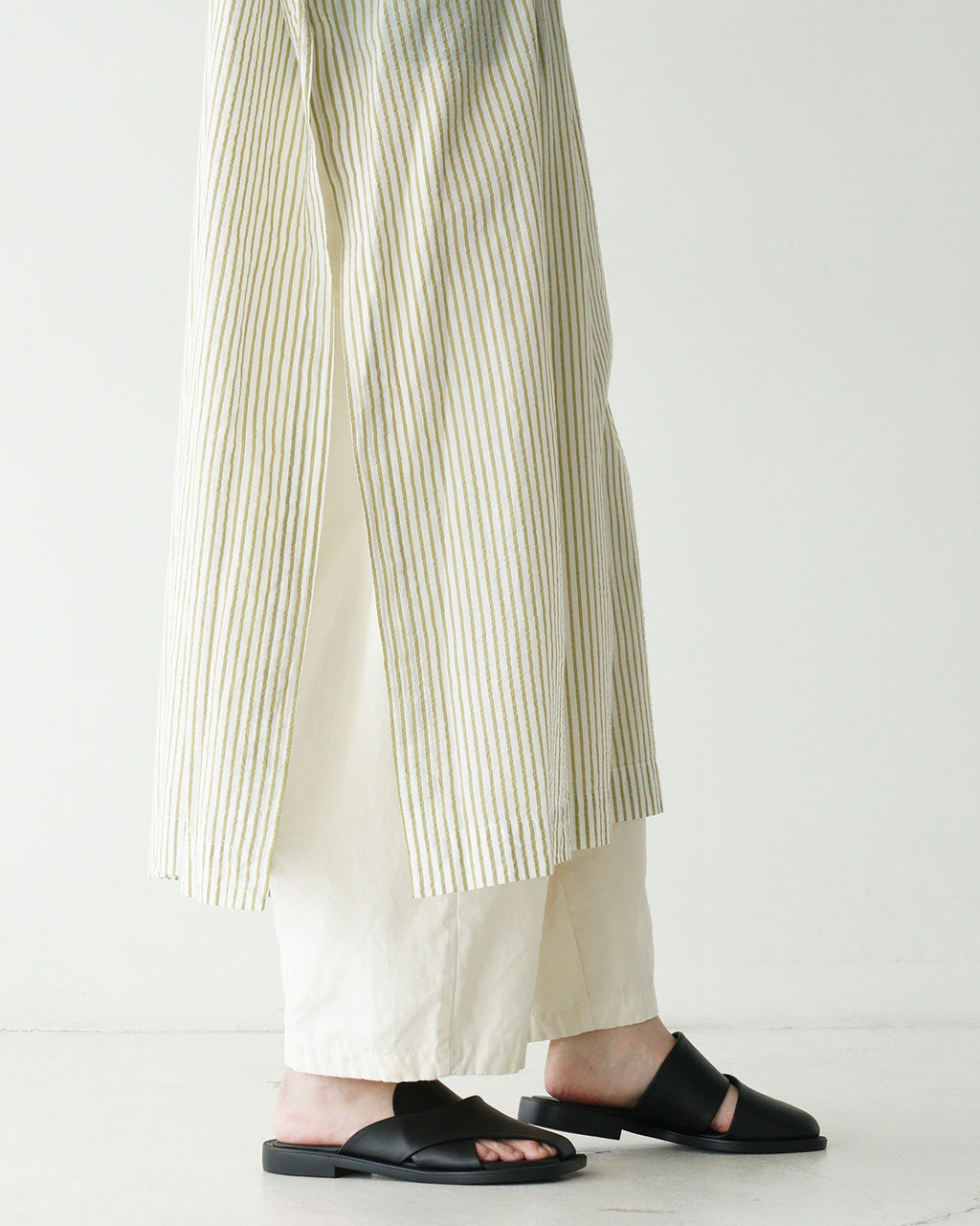 INDIA INDUSTRIES インディアインダストリー ストライプ ロング ワンピース VOILE STRIPE SHIRT DRESS ギャザー ノーカラー スキッパー 半袖 ND-G0101 VST【送料無料】