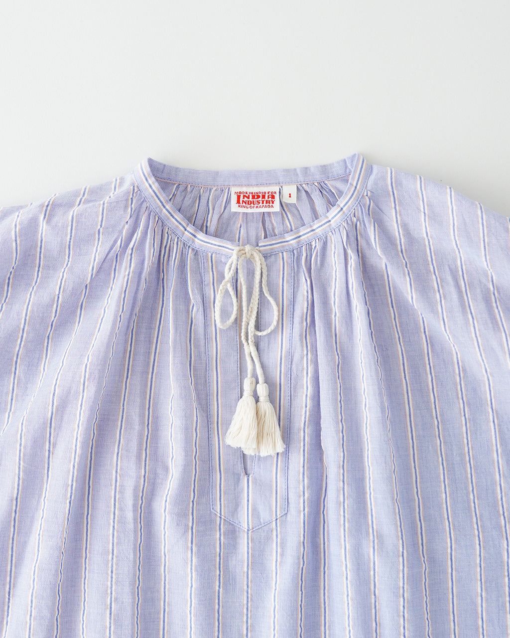 INDIA INDUSTRIES インディアインダストリー ストライプ ロング ワンピース VOILE STRIPE SHIRT DRESS ギャザー ノーカラー スキッパー 半袖 ND-G0101 VST【送料無料】