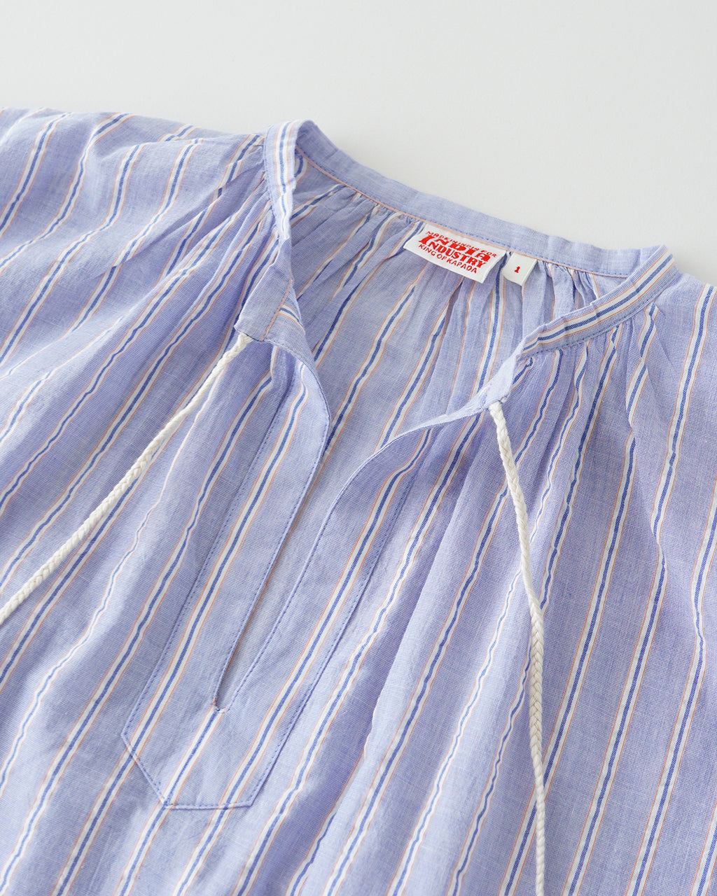 INDIA INDUSTRIES インディアインダストリー ストライプ ロング ワンピース VOILE STRIPE SHIRT DRESS ギャザー ノーカラー スキッパー 半袖 ND-G0101 VST【送料無料】