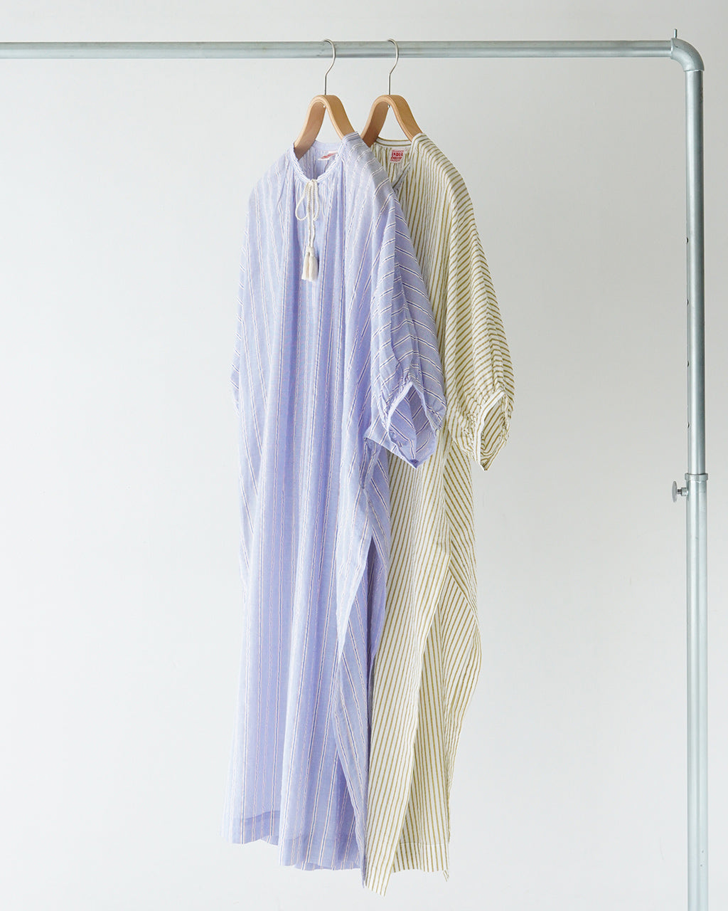 INDIA INDUSTRIES インディアインダストリー ストライプ ロング ワンピース VOILE STRIPE SHIRT DRESS ギャザー ノーカラー スキッパー 半袖 ND-G0101 VST【送料無料】