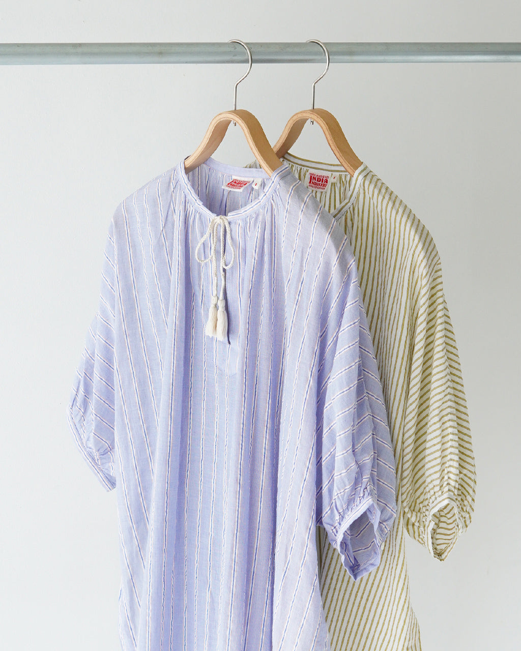 INDIA INDUSTRIES インディアインダストリー ストライプ ロング ワンピース VOILE STRIPE SHIRT DRESS ギャザー ノーカラー スキッパー 半袖 ND-G0101 VST【送料無料】