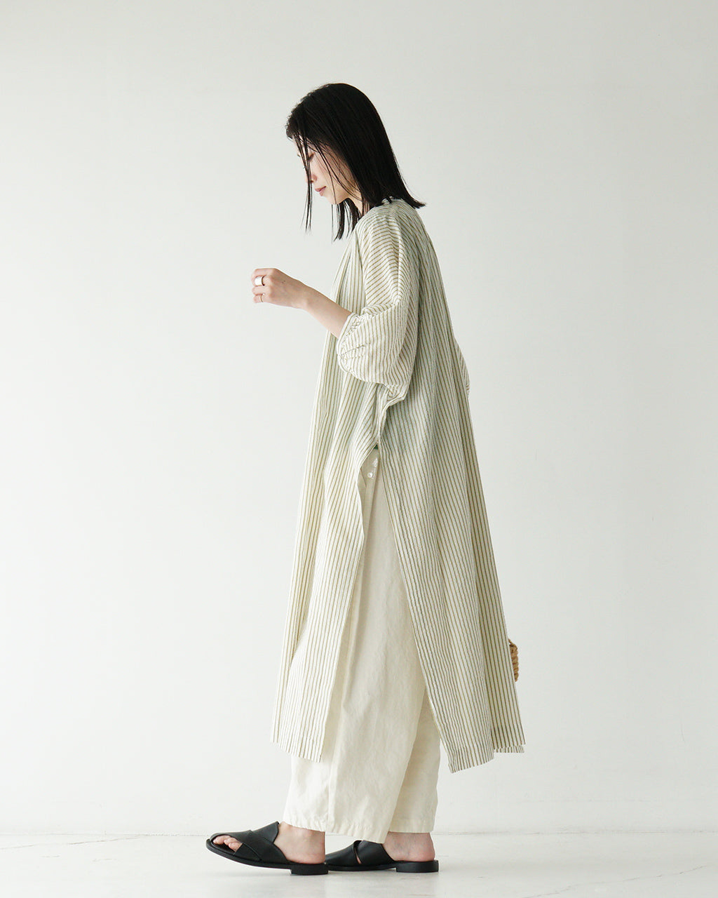 INDIA INDUSTRIES インディアインダストリー ストライプ ロング ワンピース VOILE STRIPE SHIRT DRESS ギャザー ノーカラー スキッパー 半袖 ND-G0101 VST【送料無料】