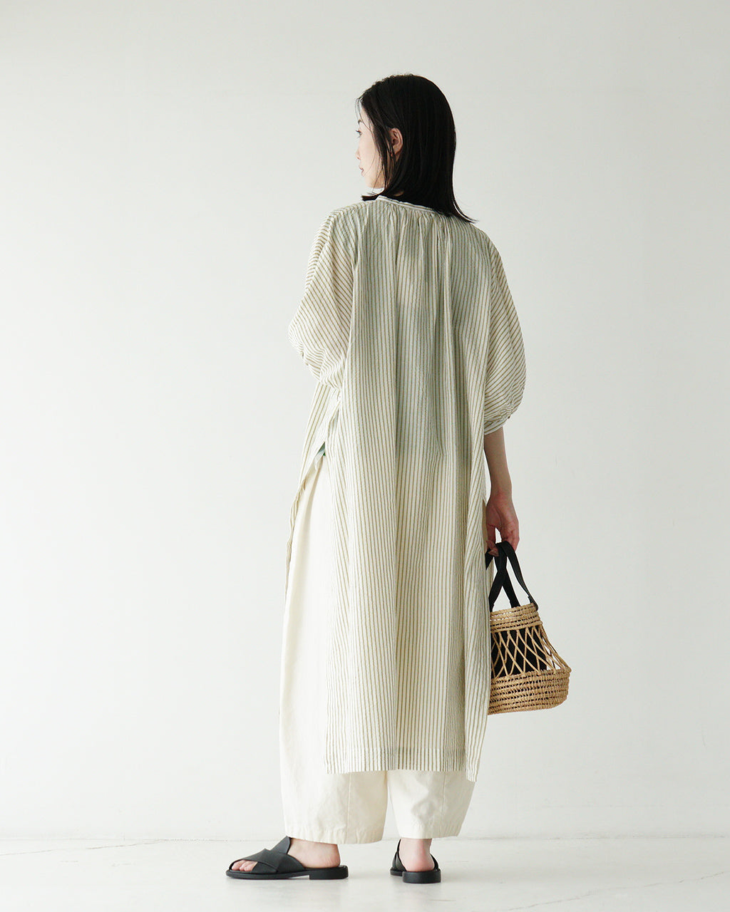 INDIA INDUSTRIES インディアインダストリー ストライプ ロング ワンピース VOILE STRIPE SHIRT DRESS ギャザー ノーカラー スキッパー 半袖 ND-G0101 VST【送料無料】