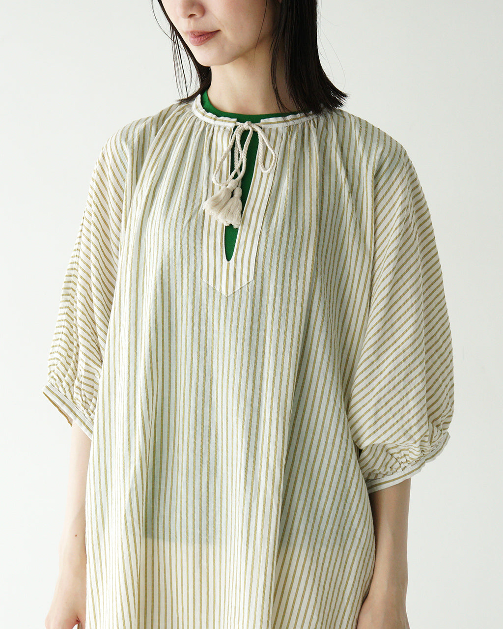 INDIA INDUSTRIES インディアインダストリー ストライプ ロング ワンピース VOILE STRIPE SHIRT DRESS ギャザー ノーカラー スキッパー 半袖 ND-G0101 VST【送料無料】