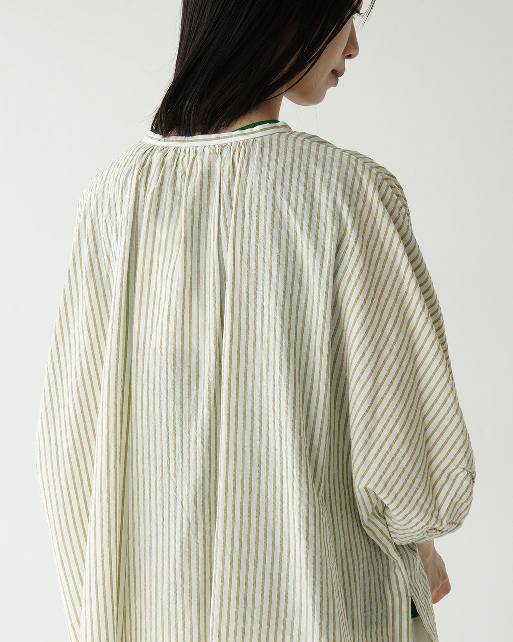 INDIA INDUSTRIES インディアインダストリー ストライプ ロング ワンピース VOILE STRIPE SHIRT DRESS ギャザー ノーカラー スキッパー 半袖 ND-G0101 VST【送料無料】