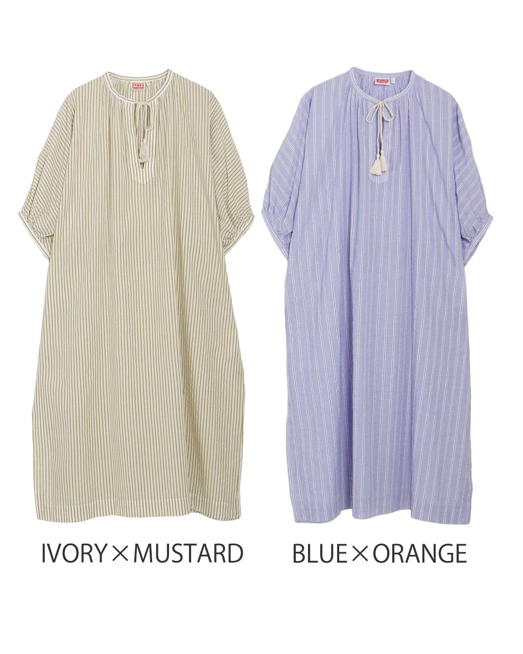INDIA INDUSTRIES インディアインダストリー ストライプ ロング ワンピース VOILE STRIPE SHIRT DRESS ギャザー ノーカラー スキッパー 半袖 ND-G0101 VST【送料無料】