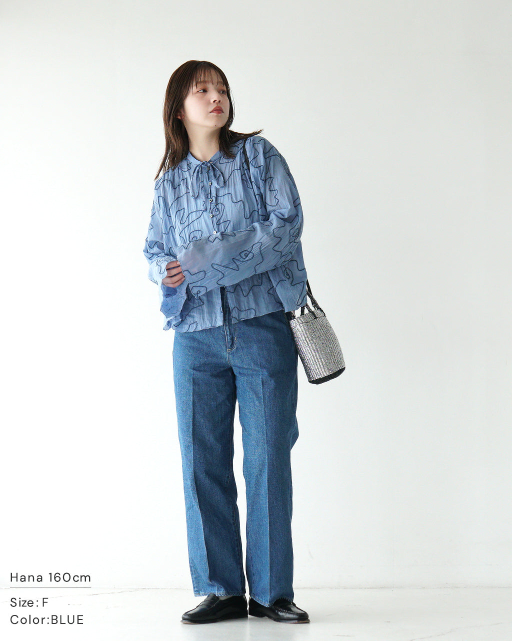 シアーシャツ ショート丈 リボンタイ 刺繍柄 涼感 綿テンセル Geometric Pattern Shirt J251SH02