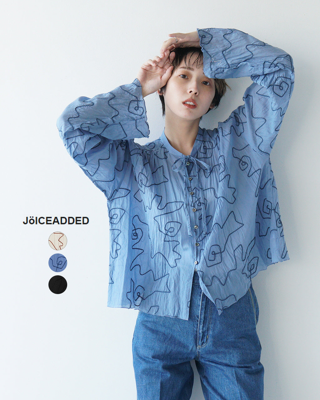 シアーシャツ ショート丈 リボンタイ 刺繍柄 涼感 綿テンセル Geometric Pattern Shirt J251SH02