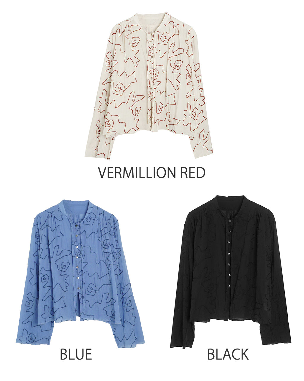 シアーシャツ ショート丈 リボンタイ 刺繍柄 涼感 綿テンセル Geometric Pattern Shirt J251SH02