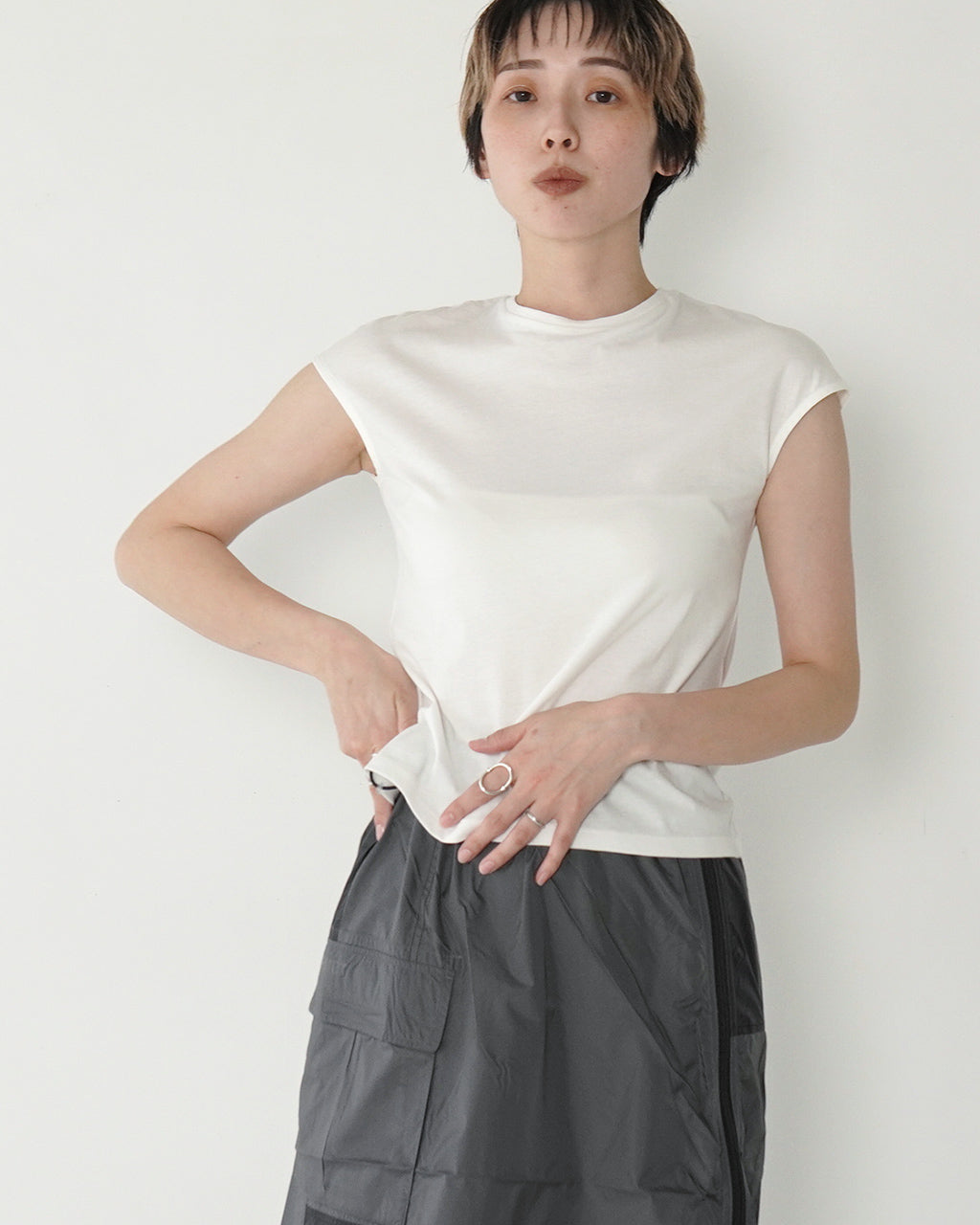【アウトレット!20%OFF】フレンチスリーブ Tシャツ クルーネック カットソー コンパクト コットン 25SS-28-S【送料無料】