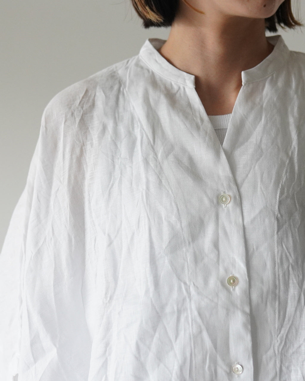 mizuiro ind ミズイロインド linen stand collar cocoon リネンスタンドカラーコクーンシャツ | Crouka(クローカ)