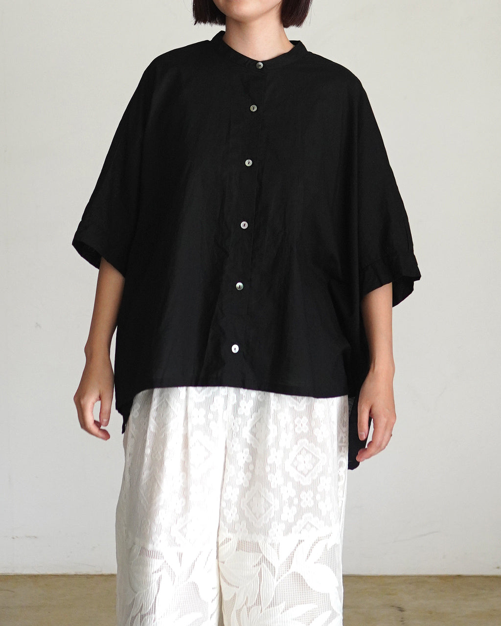 COTTON LINEN STAND COLLAR WIDE SHIRT 2-230149