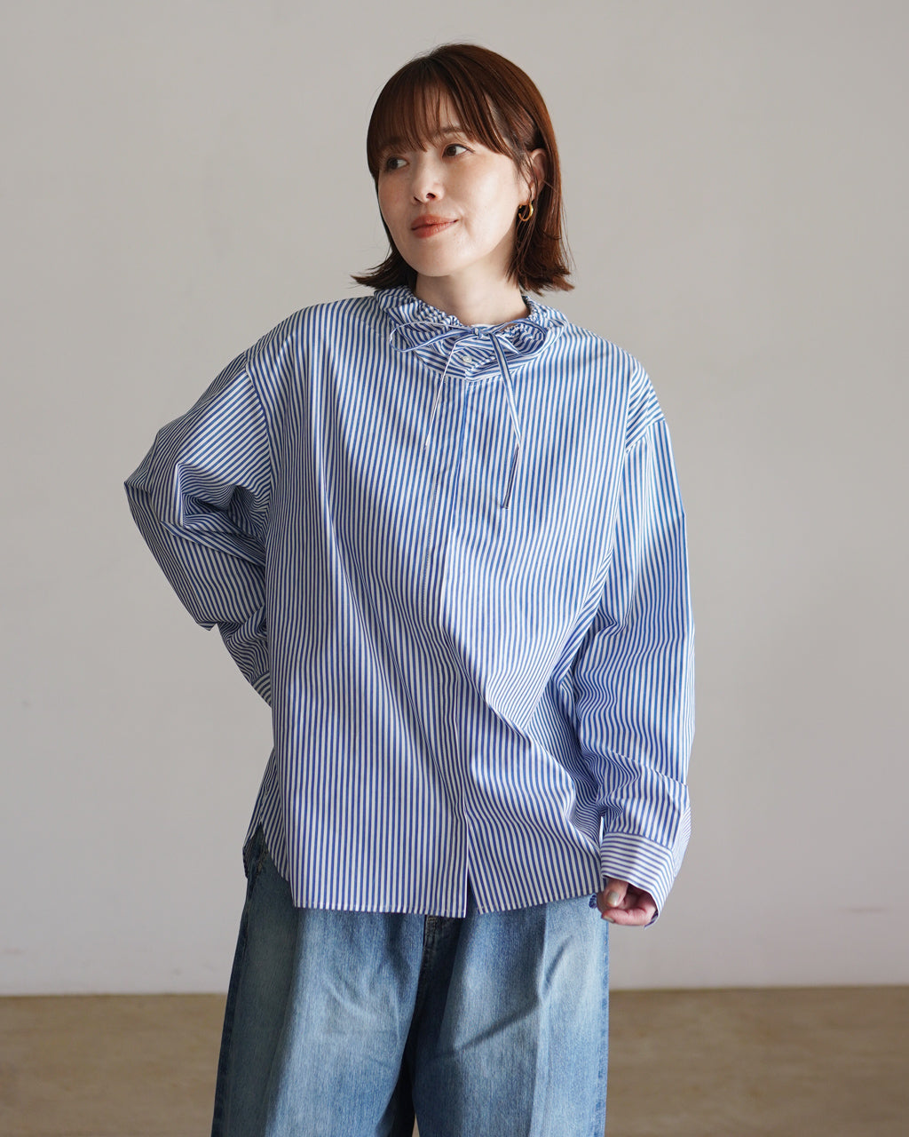 mizuiro ind ミズイロインド stripe gather neck shirt ストライプ