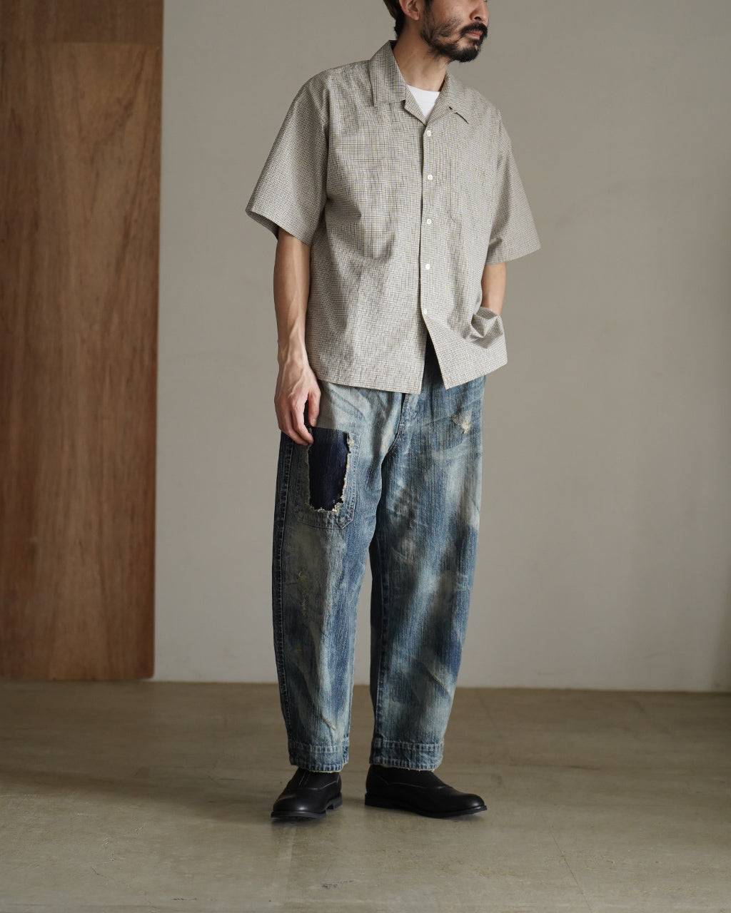 GR7 MIXED POPLIN CHECK S/S OPEN-COLLAR SHIRT M72-781