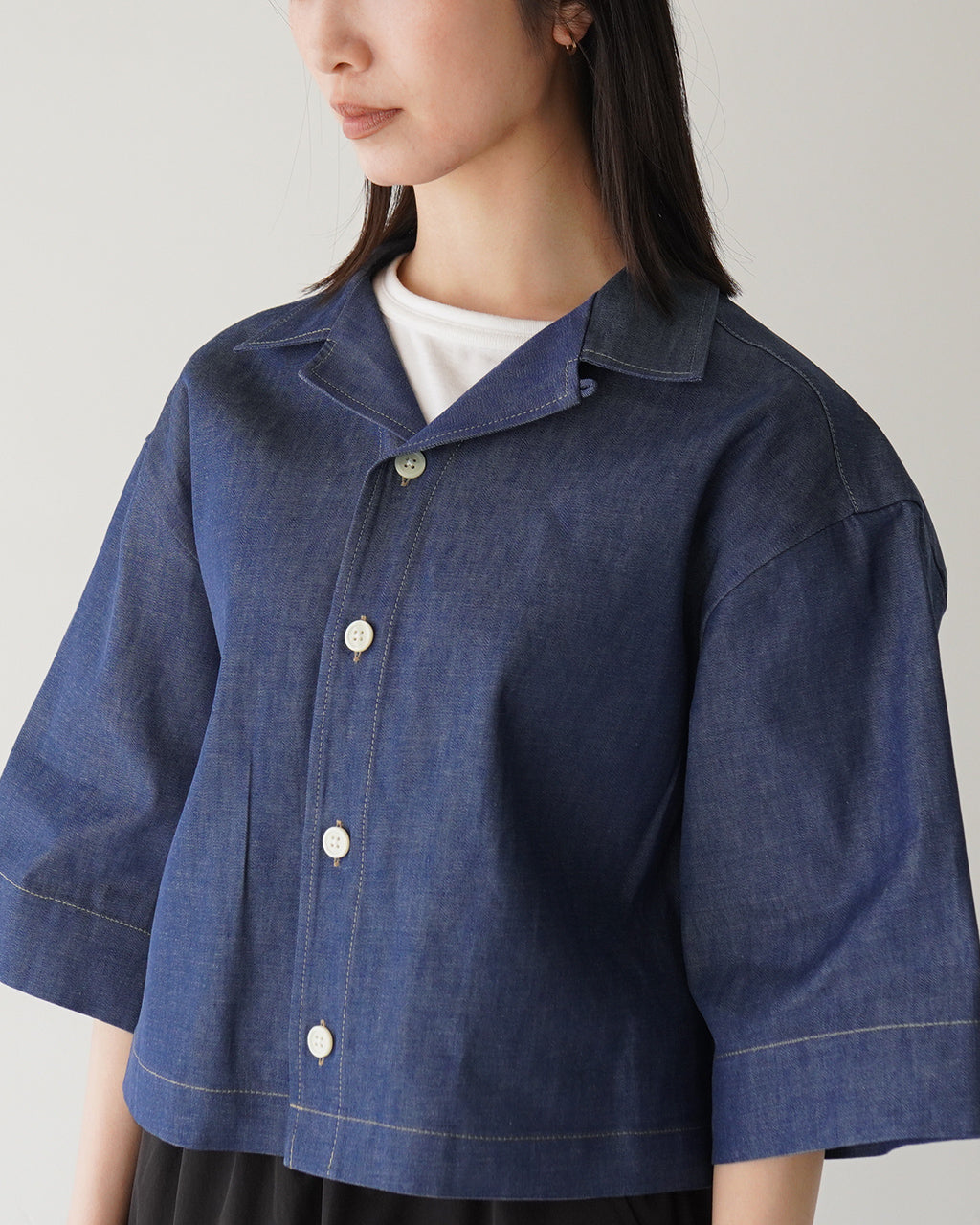 【SALE!30%OFF】オープンカラー シャツ ROMA-DENIM 半袖 ショート丈 ライトオンス デニム 岡山デニム 羽織 日本製