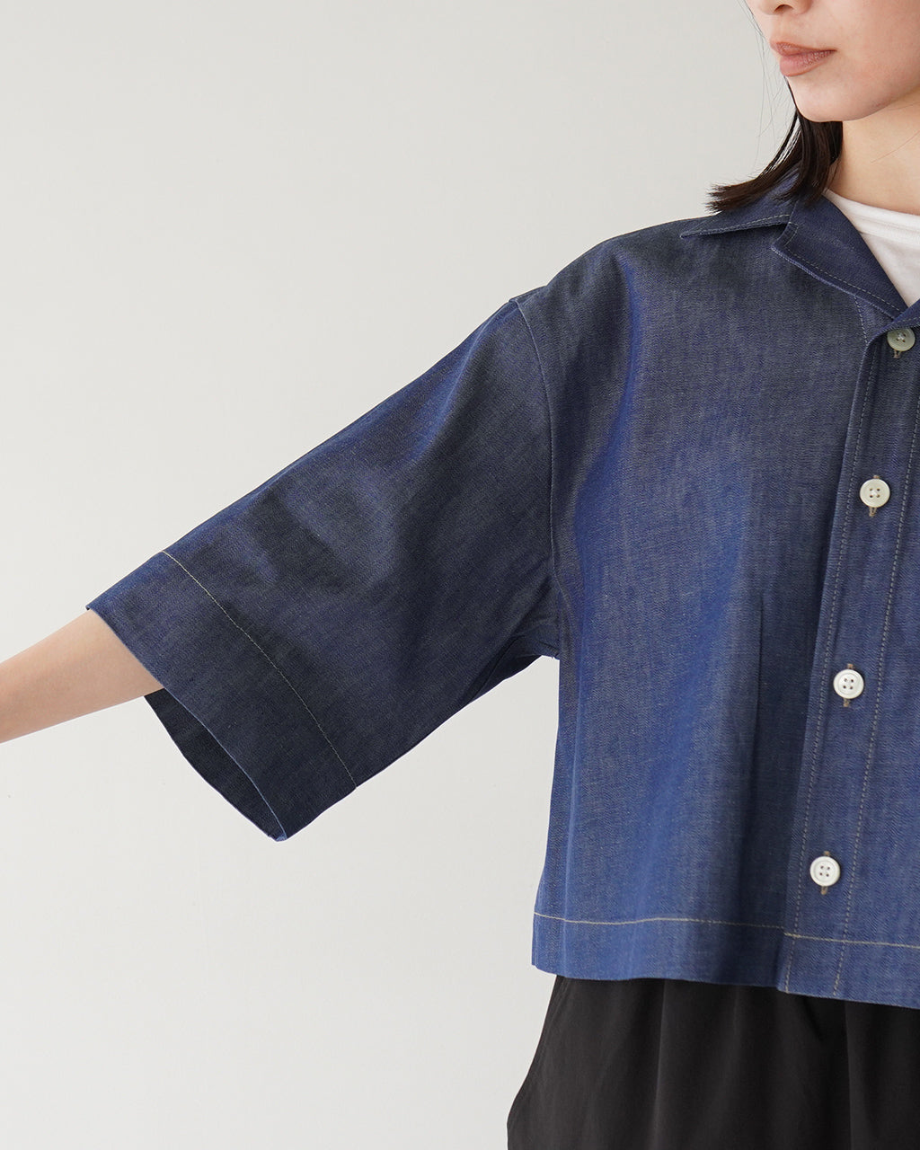 【SALE!30%OFF】オープンカラー シャツ ROMA-DENIM 半袖 ショート丈 ライトオンス デニム 岡山デニム 羽織 日本製