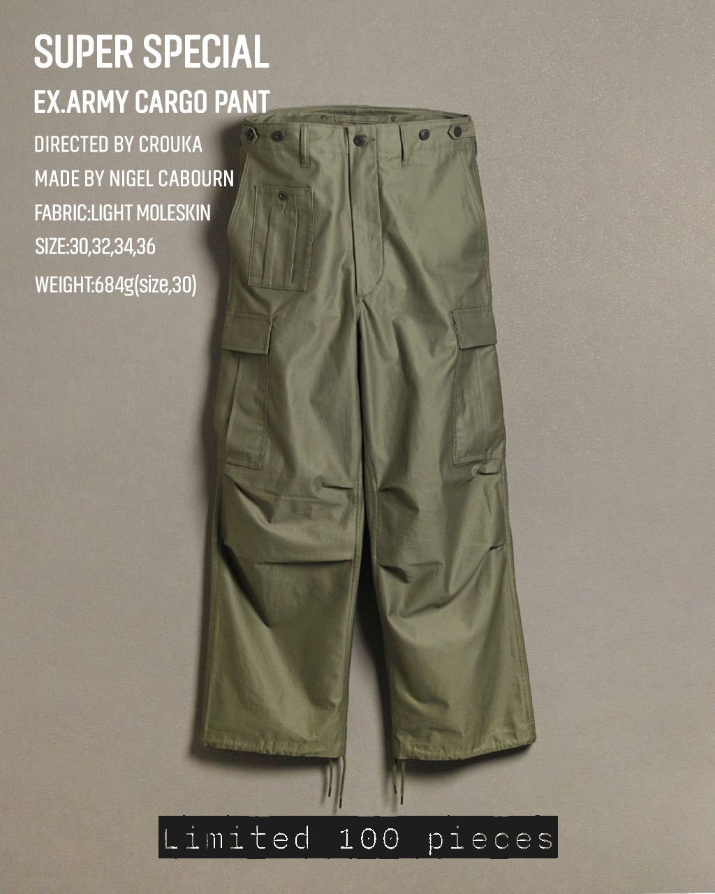 【アウトレット!30%OFF】Nigel Cabourn ナイジェル・ケーボン 【Crouka別注】アーミー カーゴパンツ ライトモールスキン ARMY CARGO PANT LIGHT MOLESKIN ミリタリー 80480050612【送料無料】