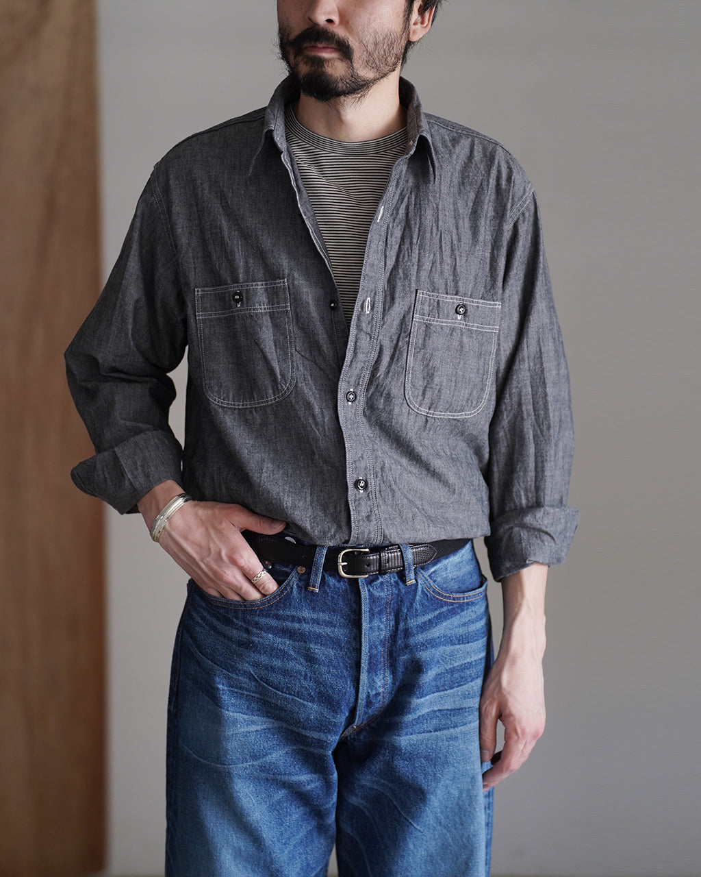 orSlow オアスロウ リラックスフィット ブラックシャンブレーワークシャツ | Crouka(クローカ)