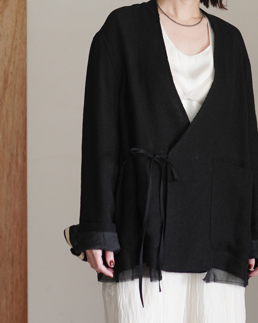 【PONTI】ノーカラージャケット ブラック PONTI ポンティ カラミウィーヴジャケット レディース Karami weave