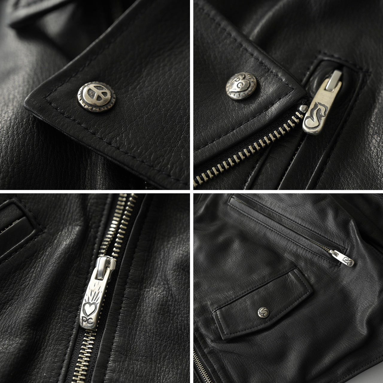 ピーシー レザー ライダース ジャケット PC RIDERS JACKET W/LOVE&PEACE SILVER レザー 牛革 23AWモデル PC-017-1962【正規取扱店】