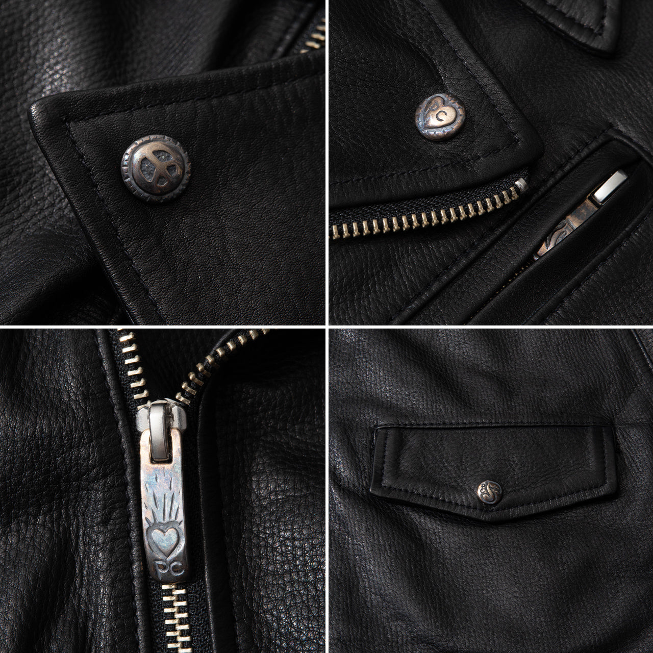 ピーシー レザー ライダース ジャケット ダブル PC RIDERS JACKET W/LOVE & PEACE SILVER レザー 牛革 PC-017-1962