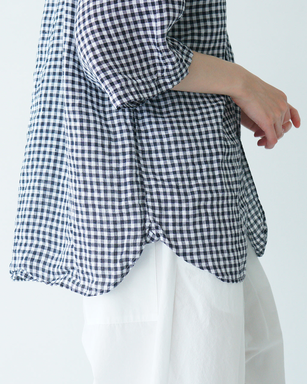【SALE!20%OFF】prit プリット 5分袖 レギュラーカラーシャツ 60/1フレンチリネン ギンガムチェック ワイド ドロップショルダー P81549【送料無料】