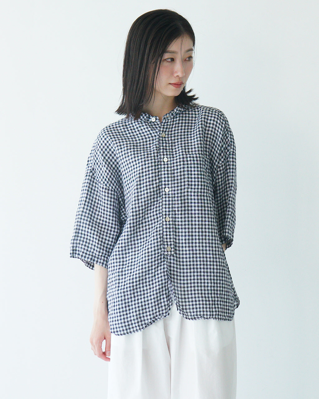 【SALE!20%OFF】prit プリット 5分袖 レギュラーカラーシャツ 60/1フレンチリネン ギンガムチェック ワイド ドロップショルダー P81549【送料無料】
