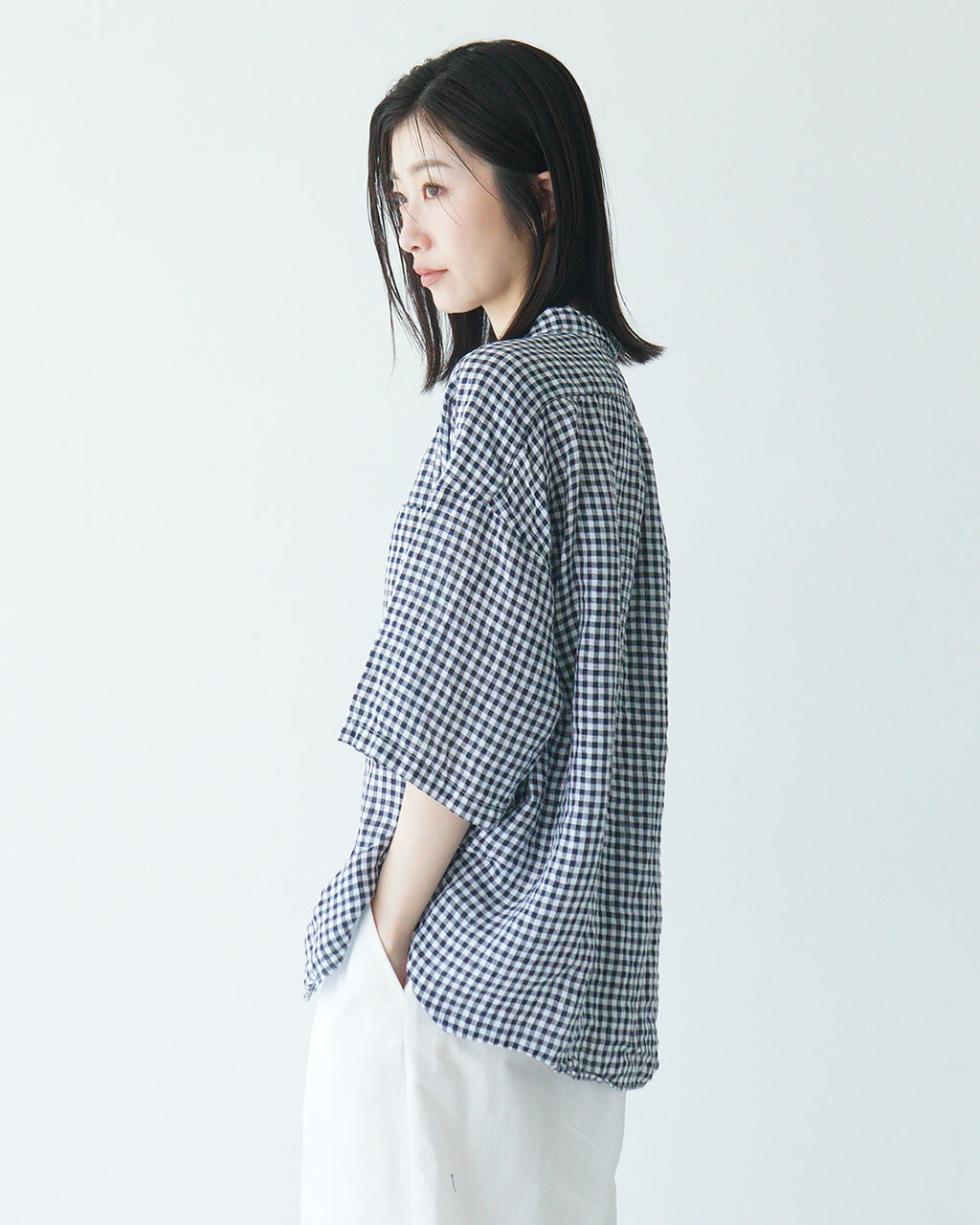 【SALE!20%OFF】prit プリット 5分袖 レギュラーカラーシャツ 60/1フレンチリネン ギンガムチェック ワイド ドロップショルダー P81549【送料無料】