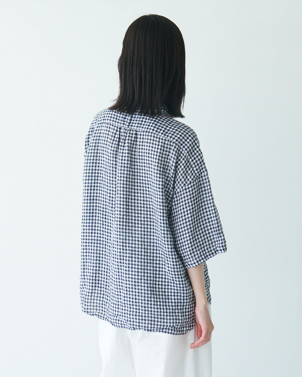 【SALE!20%OFF】prit プリット 5分袖 レギュラーカラーシャツ 60/1フレンチリネン ギンガムチェック ワイド ドロップショルダー P81549【送料無料】