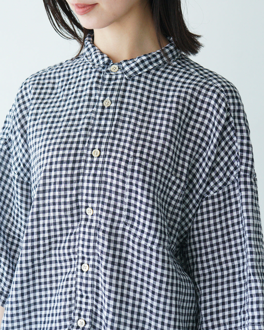 【SALE!20%OFF】prit プリット 5分袖 レギュラーカラーシャツ 60/1フレンチリネン ギンガムチェック ワイド ドロップショルダー P81549【送料無料】