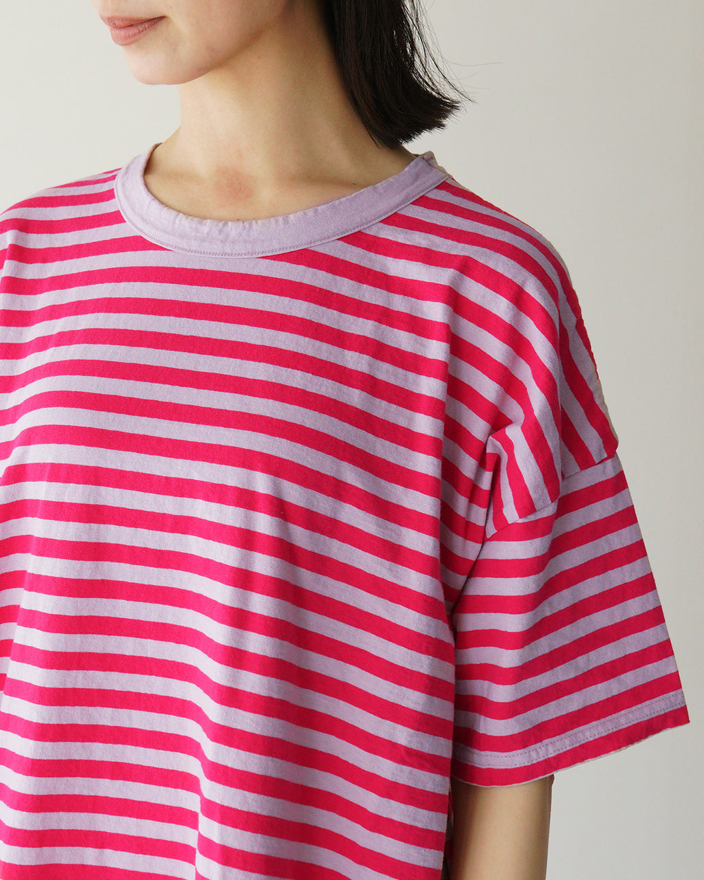 【SALE!20%OFF】prit プリット ボーダーTシャツ 30/1リサイクル天竺カラーボーダー5分袖ワイドTシャツ 半袖 ドロップショルダー P91530