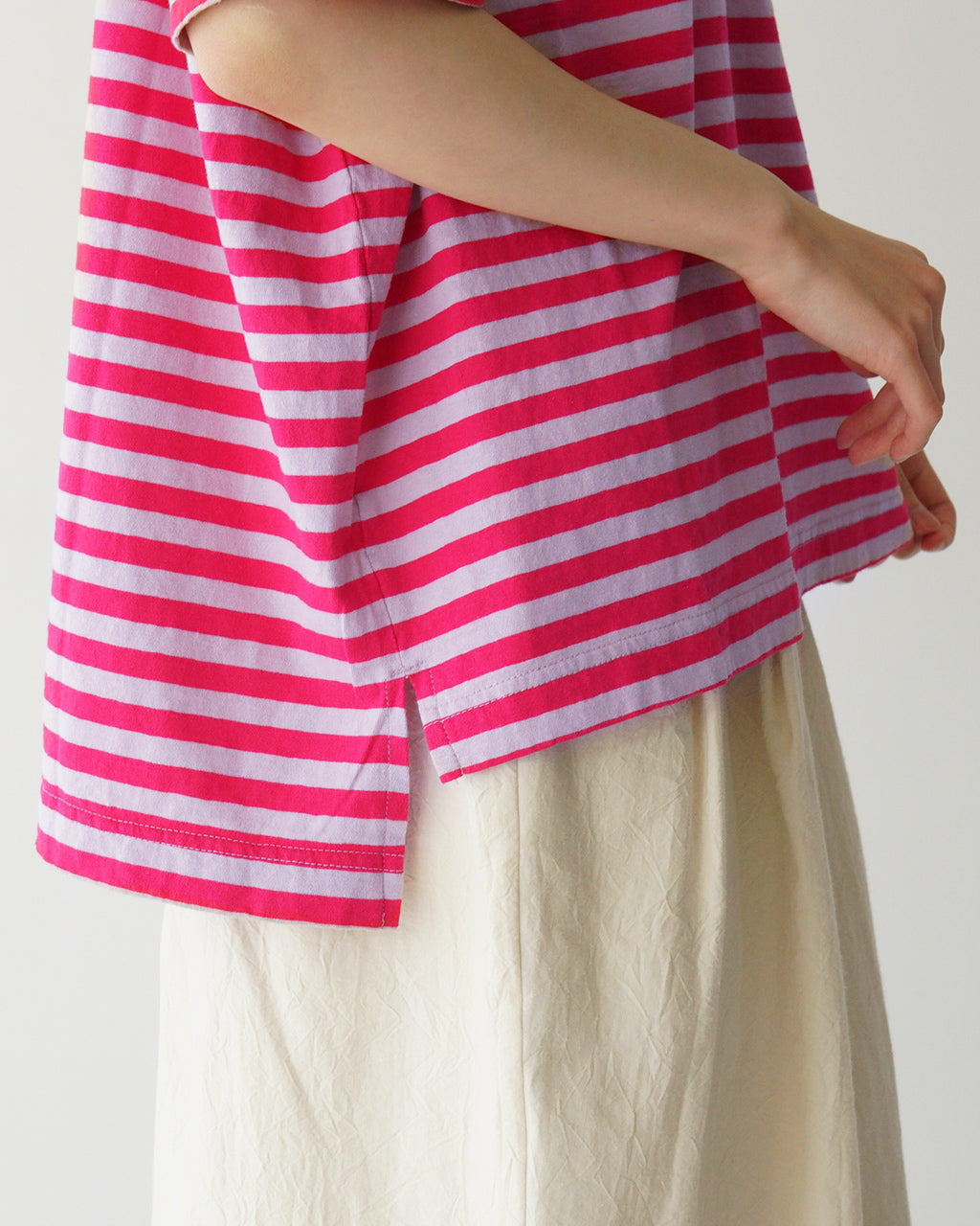 【SALE!20%OFF】prit プリット ボーダーTシャツ 30/1リサイクル天竺カラーボーダー5分袖ワイドTシャツ 半袖 ドロップショルダー P91530