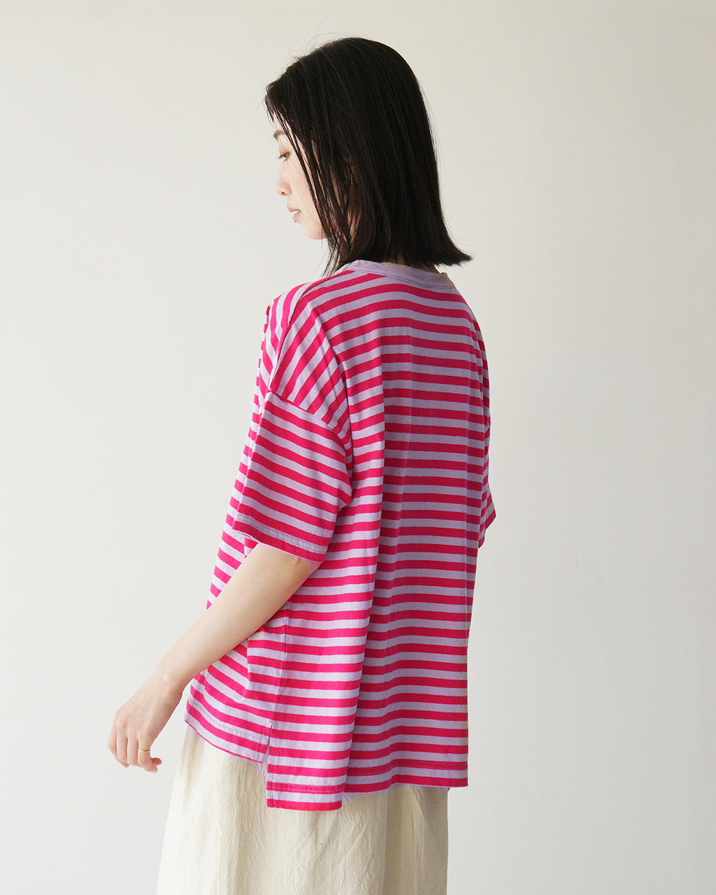 【SALE!20%OFF】prit プリット ボーダーTシャツ 30/1リサイクル天竺カラーボーダー5分袖ワイドTシャツ 半袖 ドロップショルダー P91530
