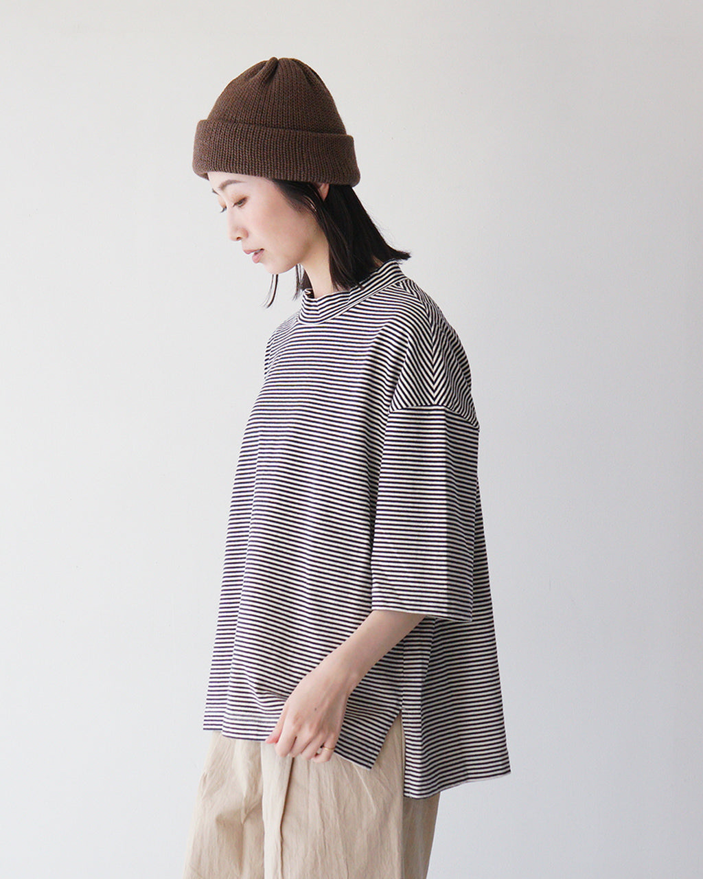 prit プリット 半袖 Tシャツ 14/1空紡度詰天竺ミジンボーダー 5分袖 ハイネック プルオーバー カットソー 日本製 モックネック P91549