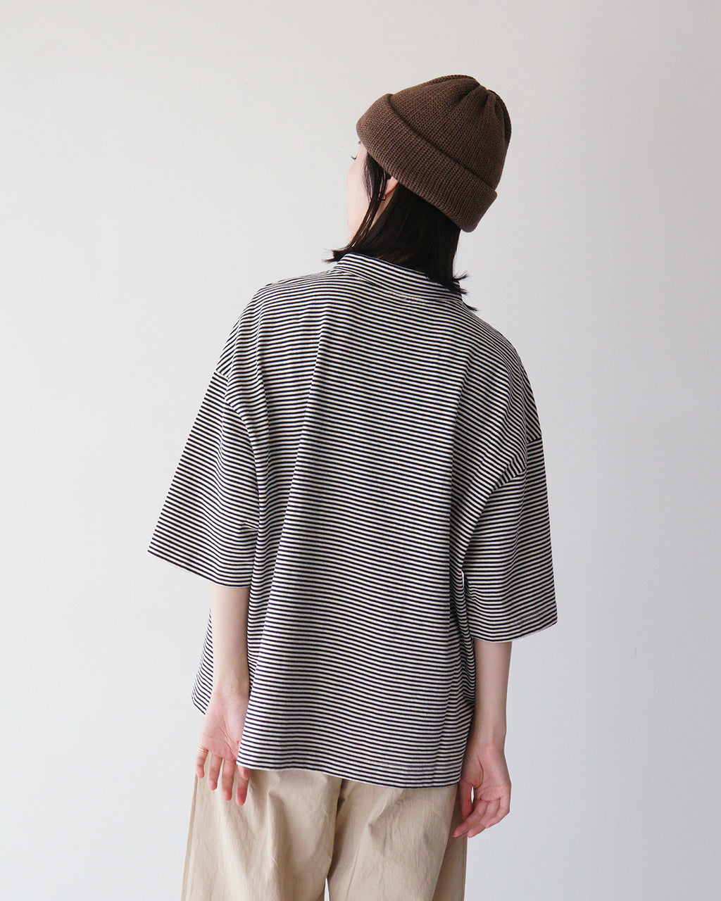 prit プリット 半袖 Tシャツ 14/1空紡度詰天竺ミジンボーダー 5分袖 ハイネック プルオーバー カットソー 日本製 モックネック P91549