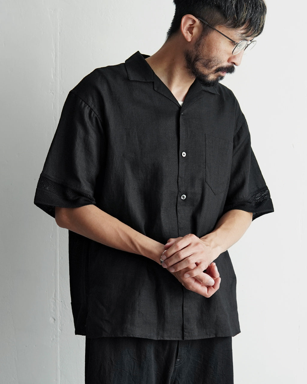 LINEN MESH OPEN COLLAR SHIRT RNC004