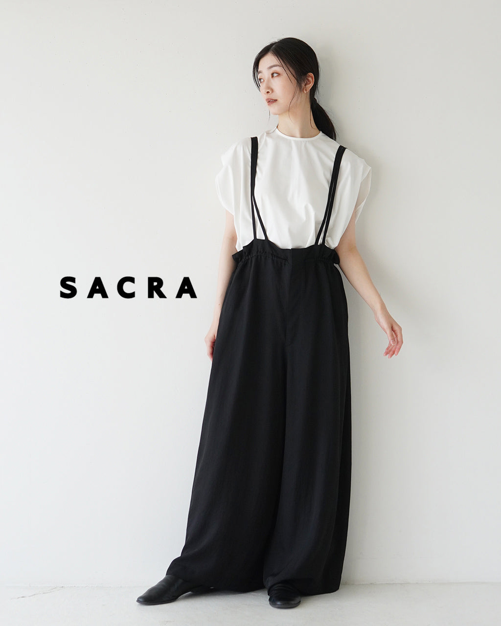 \조득 24시간 한정 포인트 10배/SACRA 사쿠라 아세테이트 브라이트 트일 살로펫트 ACETATE BRIGHT TWILL SALOPETTE 올인원 와이드 팬츠 W스트랩 125112051【무료우송】
