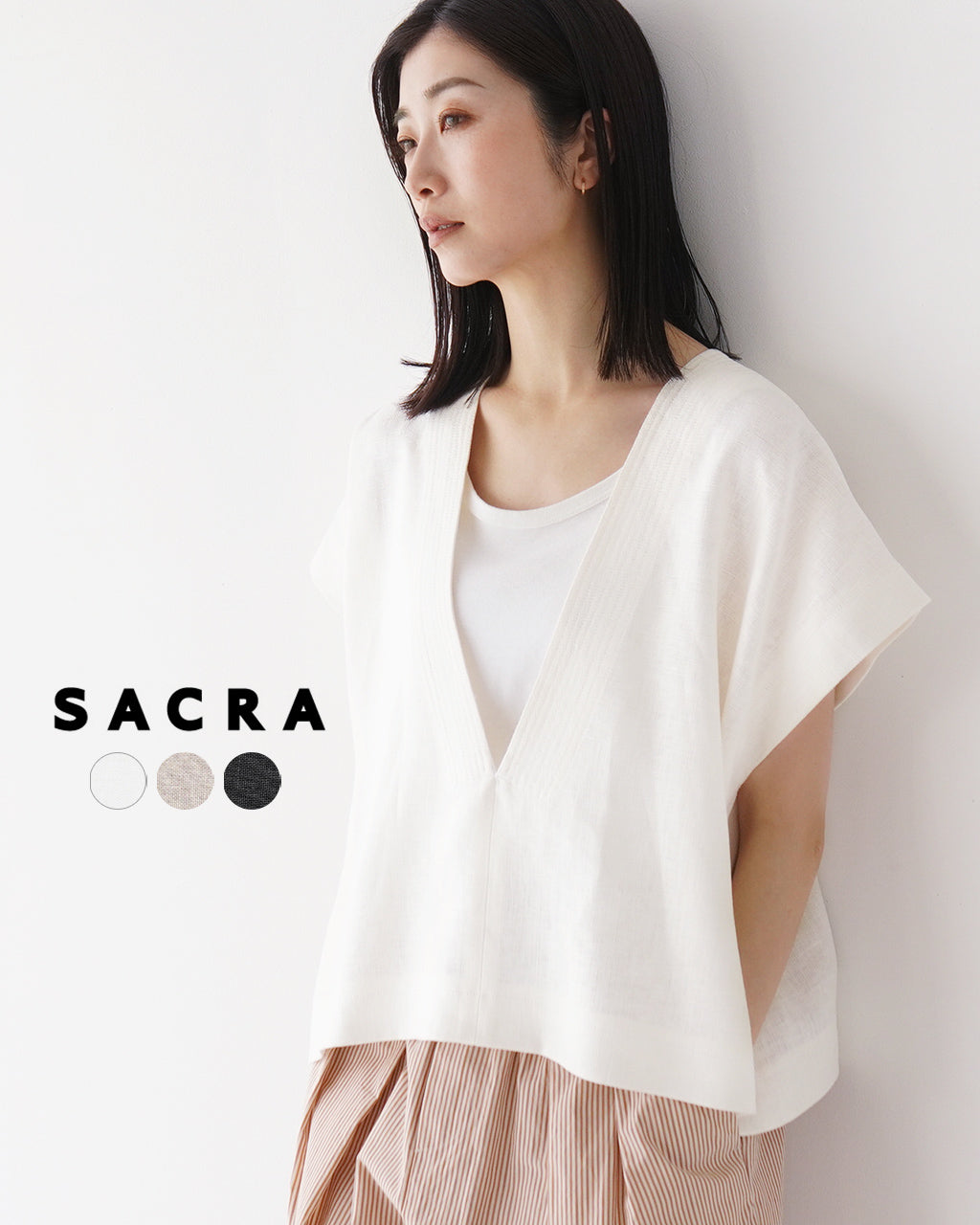 【SALE!20%OFF】リネンベスト RUSTIC LINEN TOP ラスティック クロップドトップ Vネック プルオーバー 麻 125218071